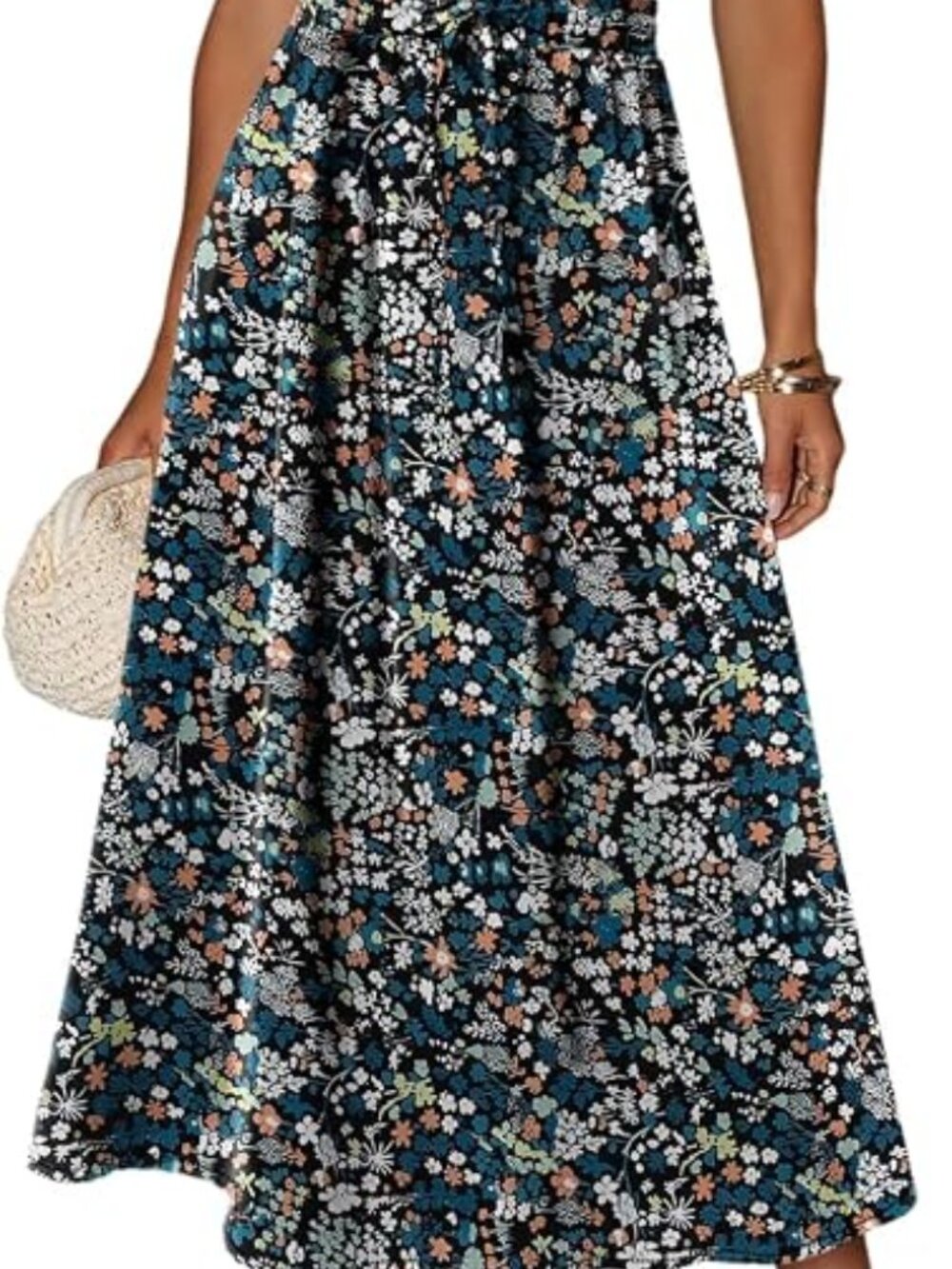 Women’s XL Navy Floral A-Line Skirt Elastic Waist Multicolor